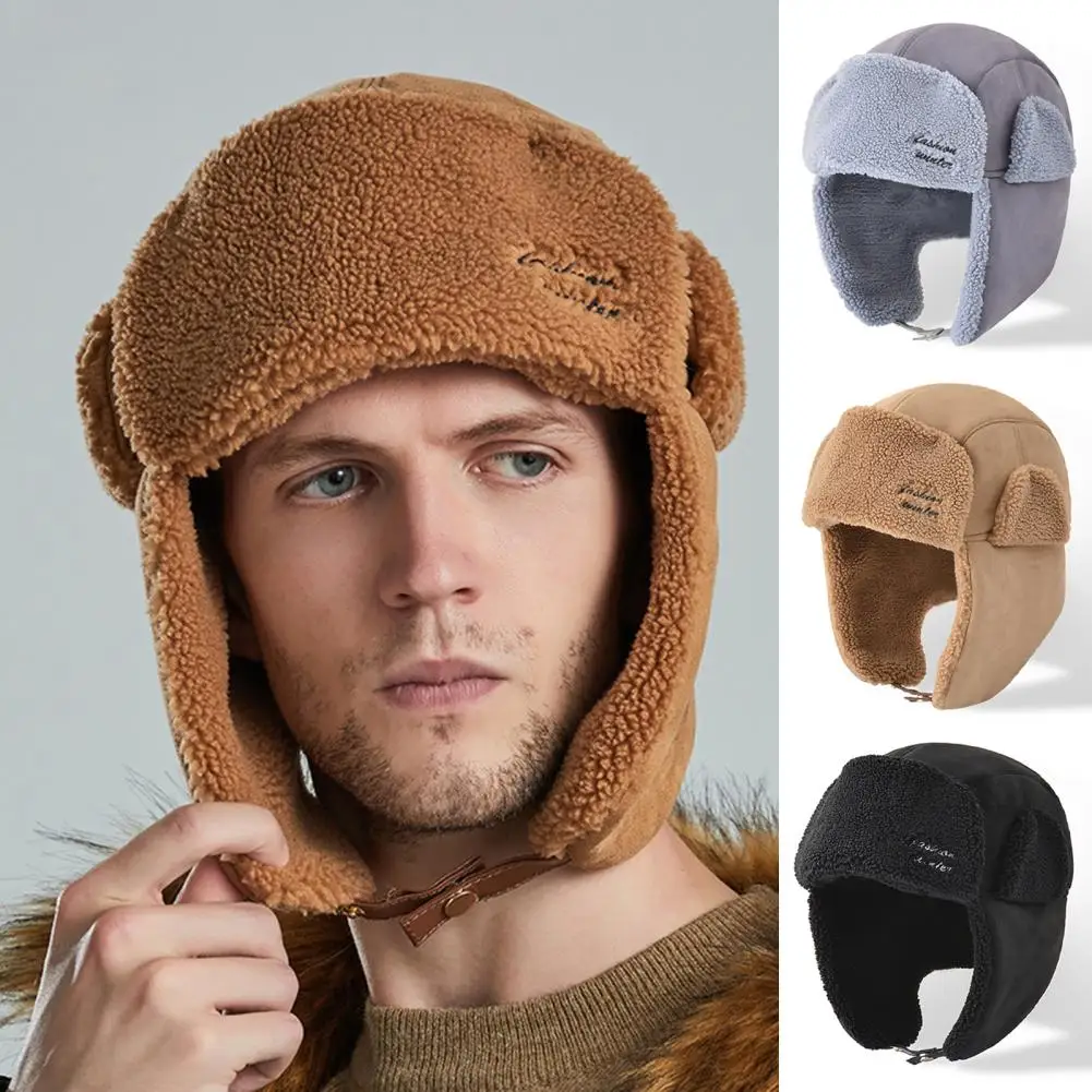 

Earflap Hat Sherpa Embroidery Thickened Button Closure Soft Keep Warm Comfortable Winter Thermal Men Trapper Hunting Cap