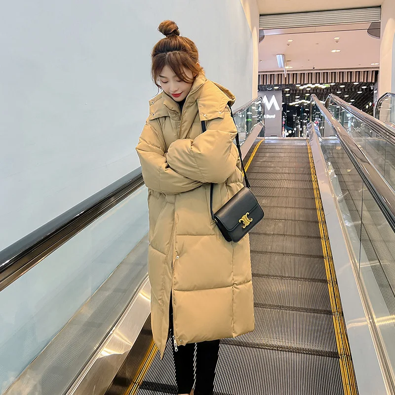 2022 Korean X-Long Jacket Women Winter Parkas Solid Color Hooded Thicken Warm Female Snow Wear Coat Padded Loose Clothes