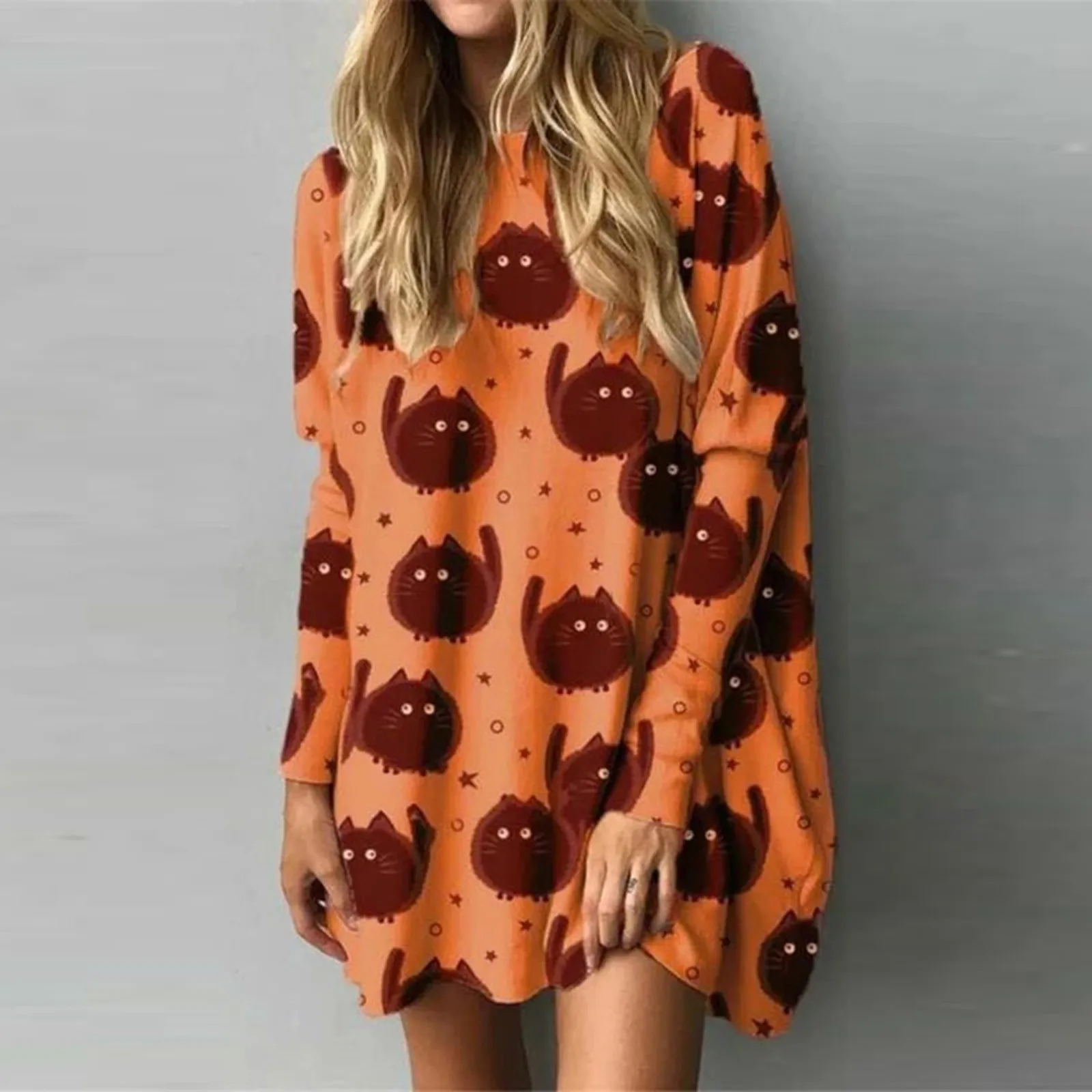 

Платья для женщин 2022 платье для женщин Хэллоуин мультфильм Кот принт с длинными рукавами свободное Цветочное платье-рубашка