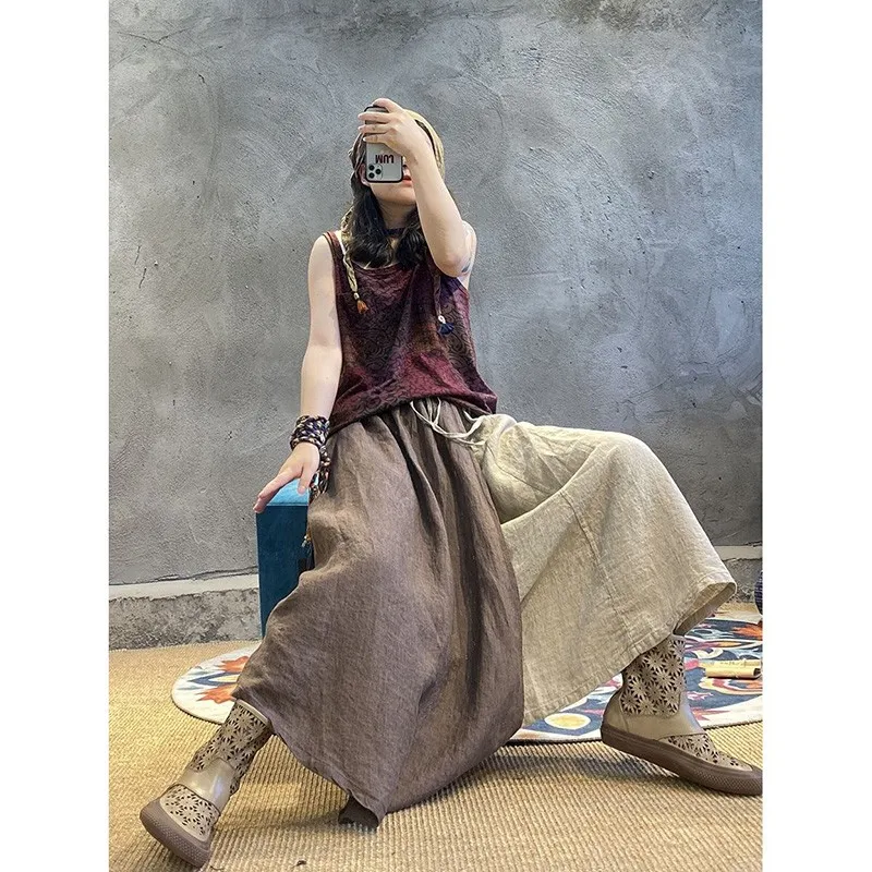 

2022 New Arrival Summer Women Loose Casual Cotton Linen Patchwork A-line Mid-calf Skirt Asymmetry Elastic Waist Skirts P530