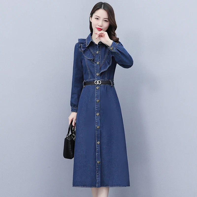 

Женские джинсовые платья с воротником-рубашкой, модное облегающее платье средней длины с оборками и длинными рукавами, новинка 2022, длинные ...