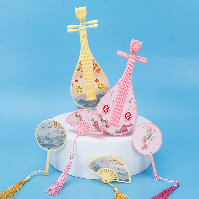 

Ancient Style Pipa Fan Gold Guitar Cake Topper Retro Court Chinese Wedding Cake Decoration Folding Flag Classical Cake Dress Up