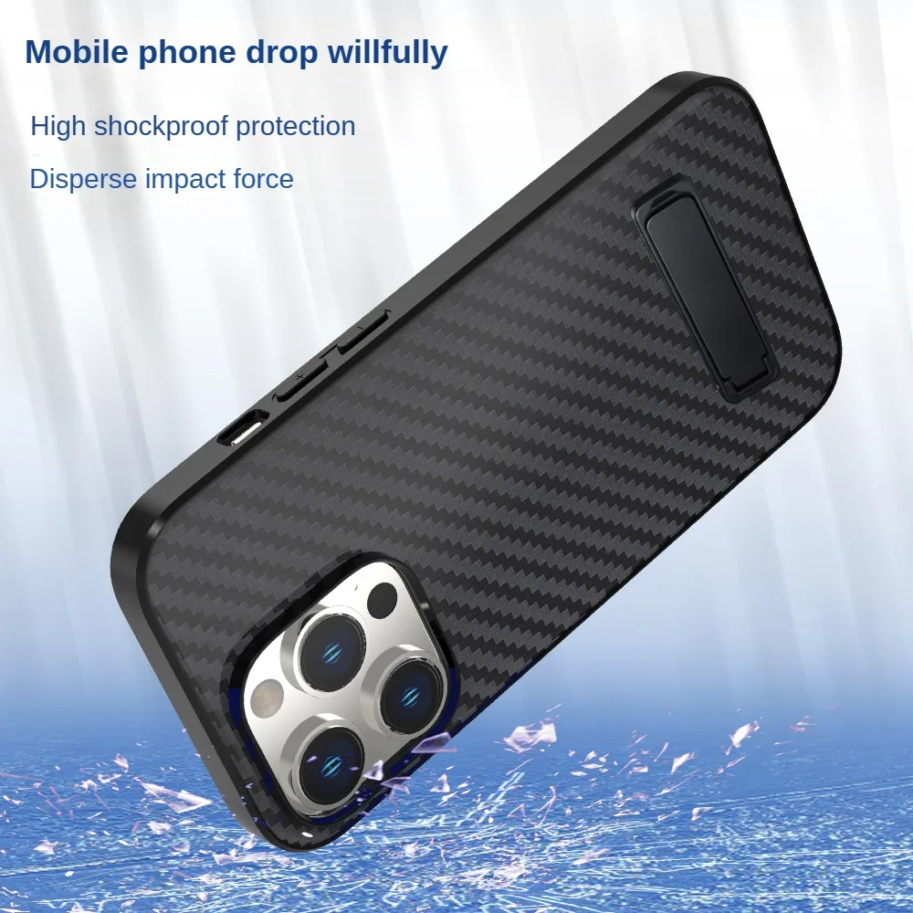 For iPhone 14 Pro Max Case Carbon Fiber Texture Ultra Thin Skin-friendly Matte Bracket Holder Shockproof Hard Cover Accessories