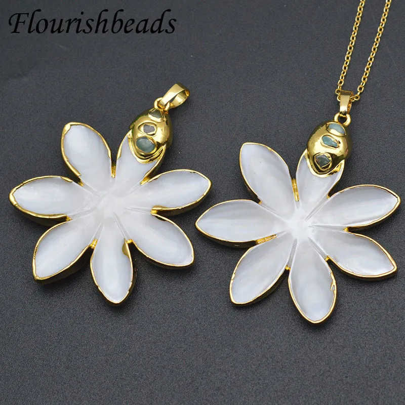 

Nickel Free Gold Plated Natural Shell Pendant Flower Shape Stone Paved Necklace Jewelry Findings Women Girl Party Gift