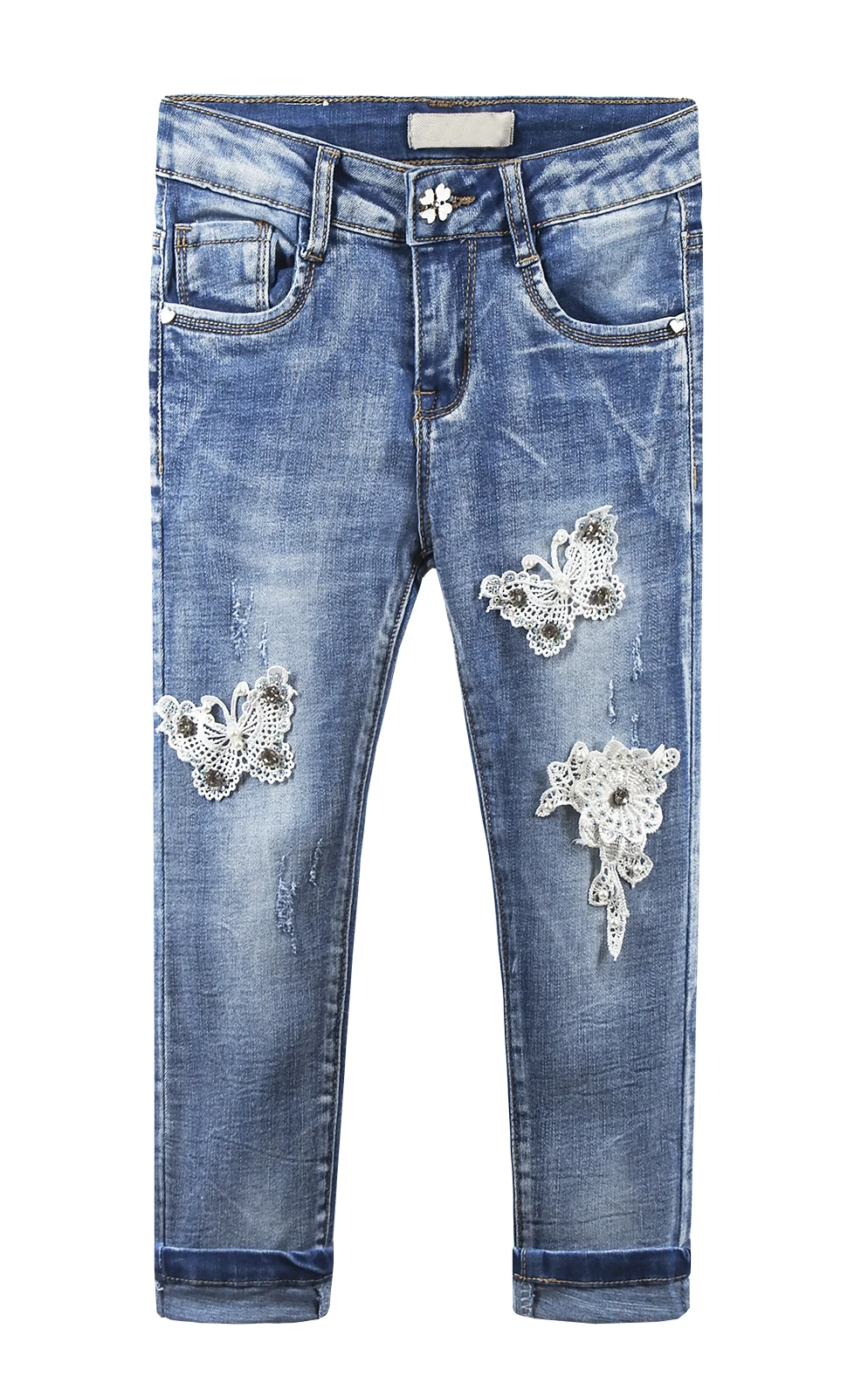 

Kidscool Space Girls Lace Butterfly Pearl Decor Elastic Band Inside Ripped Slim Jeans
