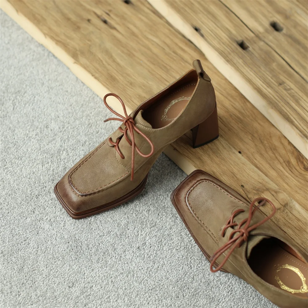 Kanseet Women Shoes 2023 New Spring Vintage Square Toe Cross-Tied Genuine Leather Pumps Handmade High Heel Lady Footwear Size 42