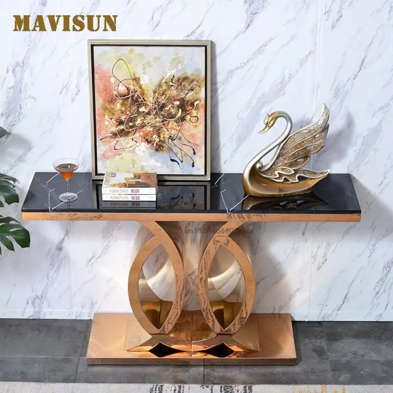 

Light Luxury Porch Post Modern Stainless Steel Minimalist Entrance Hall Console Table Aisle Corridor Marble Golden Furniture