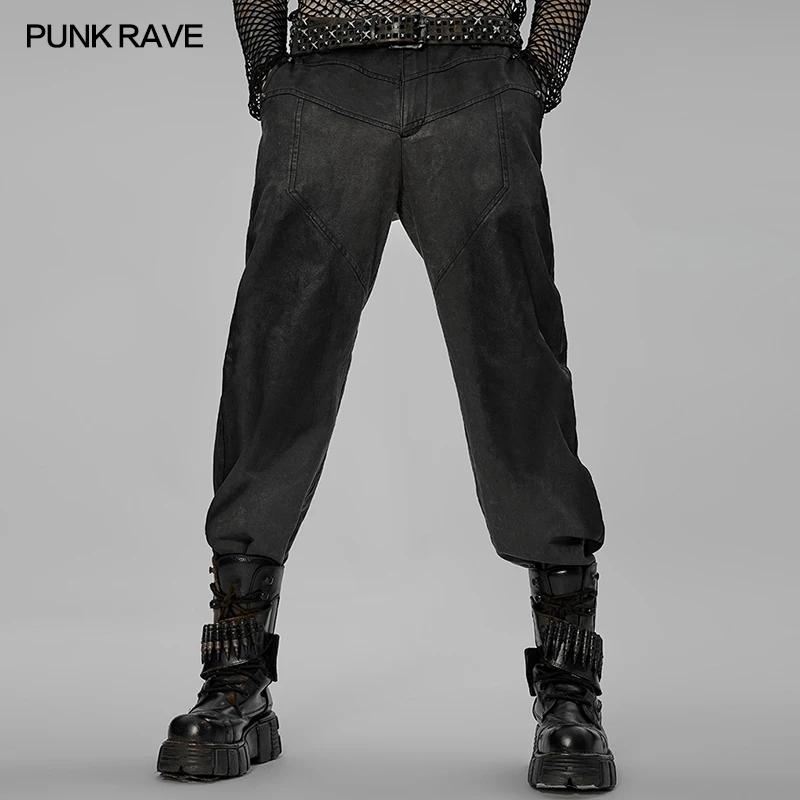 PUNK RAVE Men'sGothic Dress Pants Woven Spray Painting Process Tatting Pants Simple Design Personalized Casual Trousers