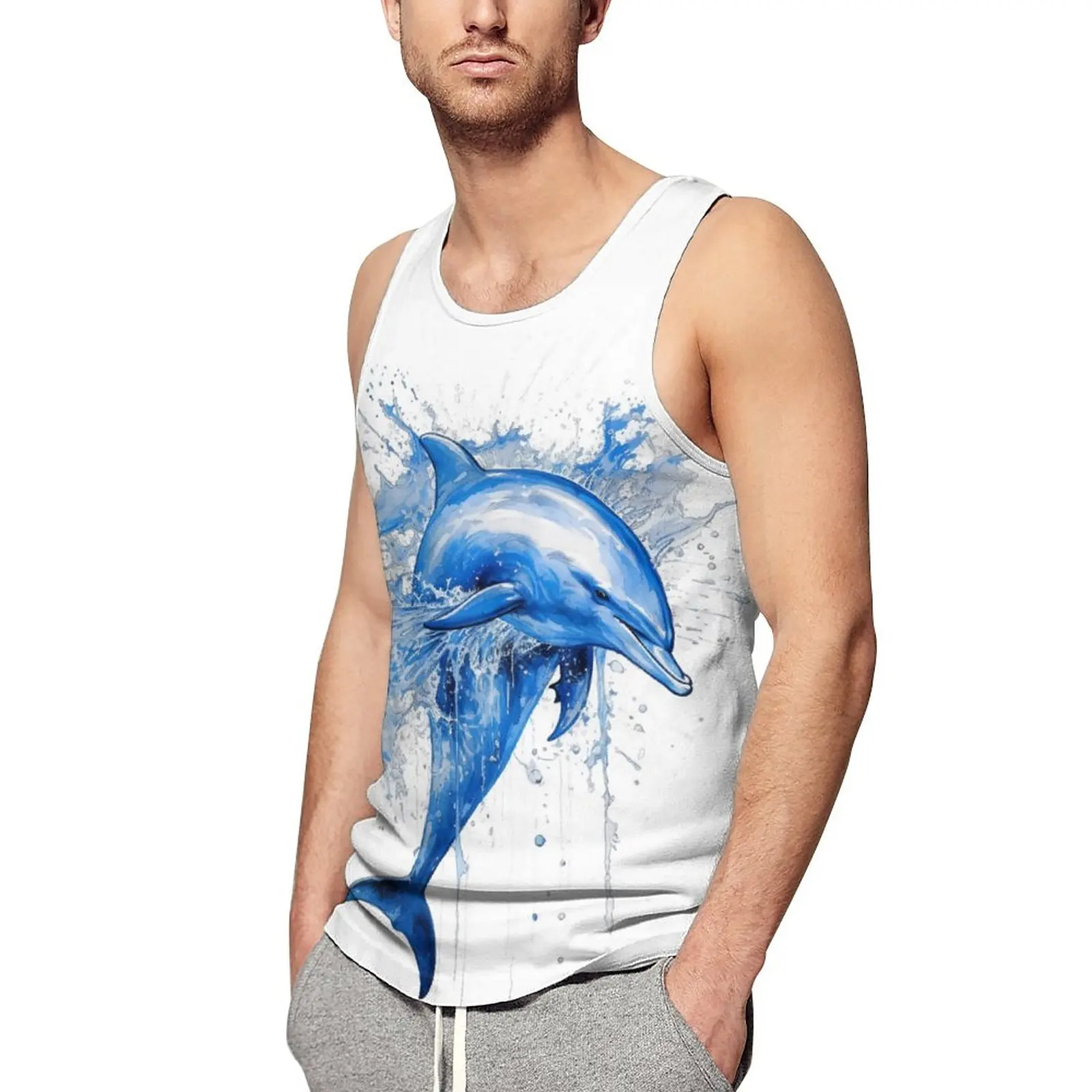 

Dolphin Tank Top Mens Ink Drawing Detailed Fashion Tops Summer Bodybuilding Graphic Sleeveless Shirts Big Size 4XL 5XL