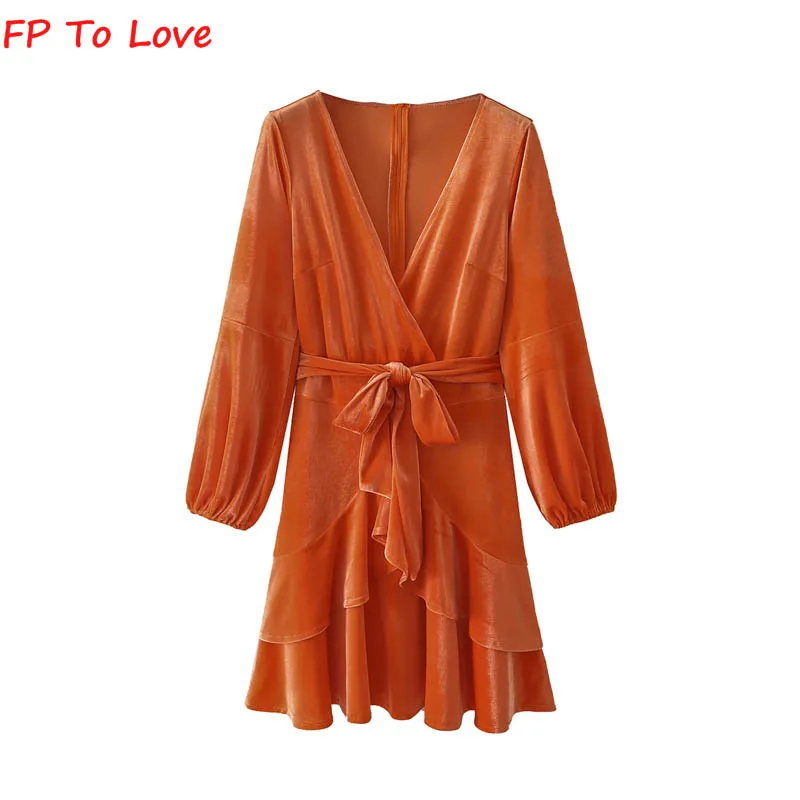 

Летнее оранжевое бархатное шикарное платье FP To Love 2022, женское мини-платье с длинным рукавом, высокой талией и V-образным вырезом
