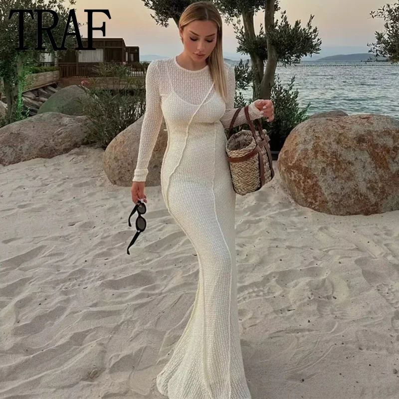 

TRAF 2023 Cut Out Bodycon Dress Women Summer Backless Long Dress Women See Through Long Sleeve Midi Elegant Party Dresses