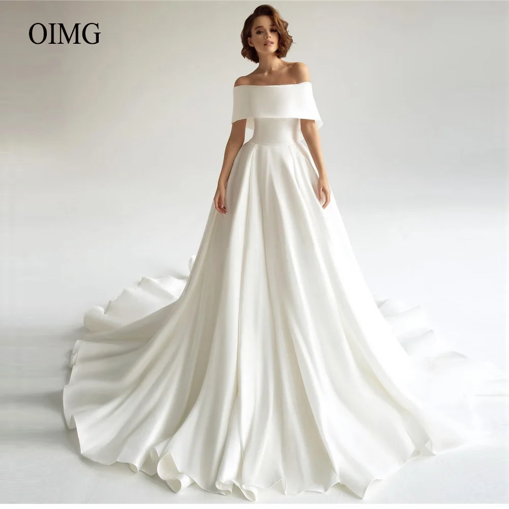 

OIMG A Line Satin Wedding Dresses Off the Shoulder Sleeves Court Train Bride Gowns Simple 2022 Vestido de noiva Plus Size