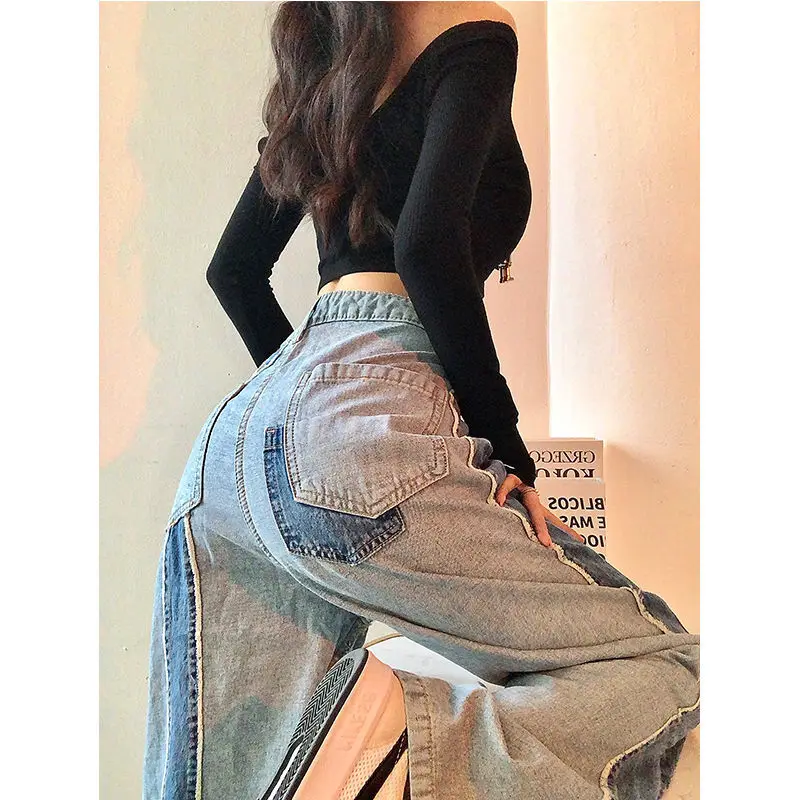 

Korean Style 2022 New Arrival Autumn Women Cotton Denim Patchwork Full Length Pants Button Fly Waist Straight Casual Jeans P353