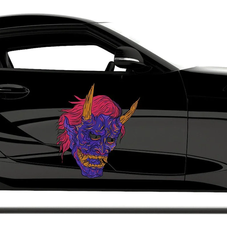 

Наклейка на автомобиль Oni Mask, наклейка на дверь автомобиля с японским черепом Oni, красная и фиолетовая