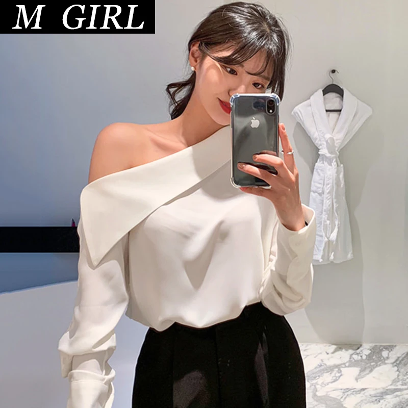 Korean Chic Off Shoulder Long Sleeve Blouse Women Sexy One Shoulder Office Lady Elegant Solid Shirts 2022 Blusas Mujer