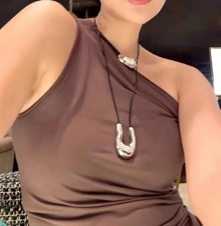 

Brass Long Rope Chain U Shape Pendant Necklace Women Jewelry Punk Designer Runway Rare Gown Boho Japan Korean