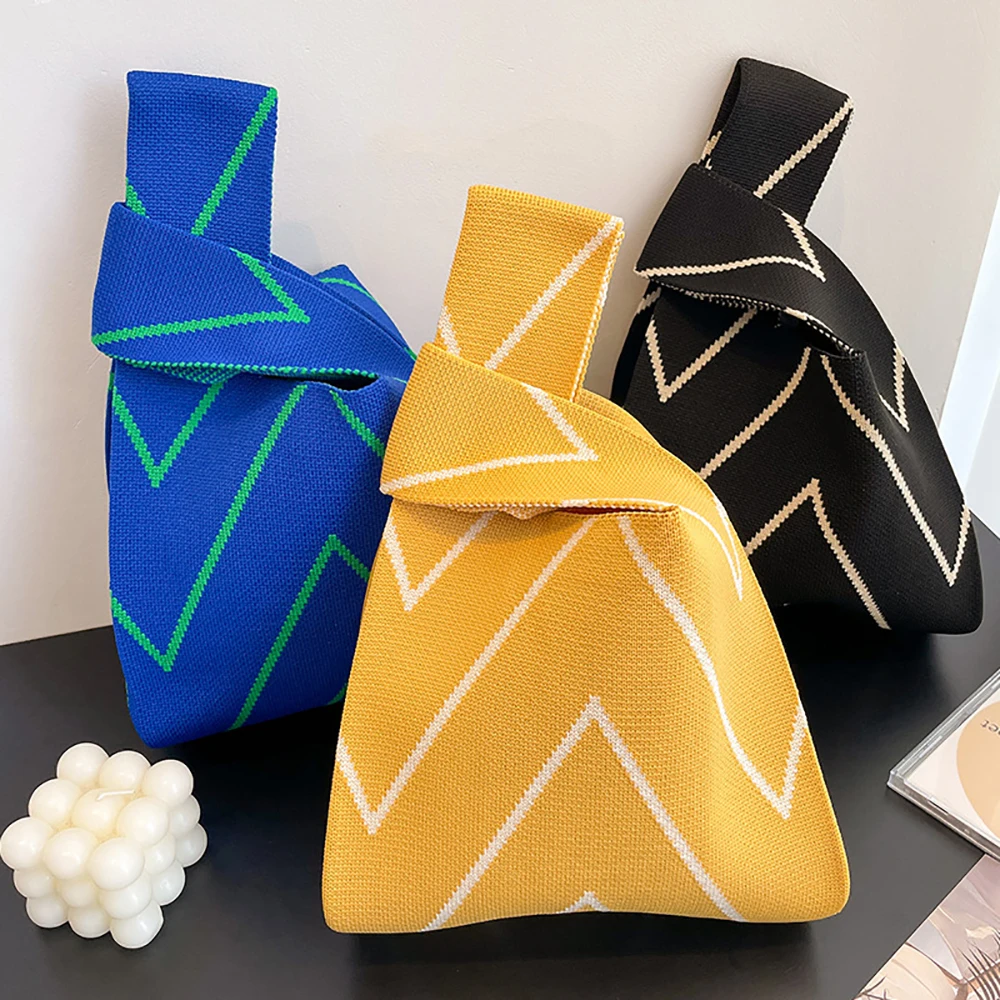 

Handmade Knit Handbag Women Mini Knot Wrist-bag Female Casual Color Wide Stripe Plaid Tote Bag Student Reusable Shopping Bag