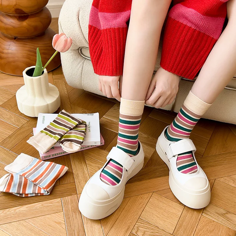 

Colorful Stripe Women Socks Rainbow Korean Style Trendy Cotton Sock Woman Comfortable Soft Long Sock Spring Autumn Sports Sock