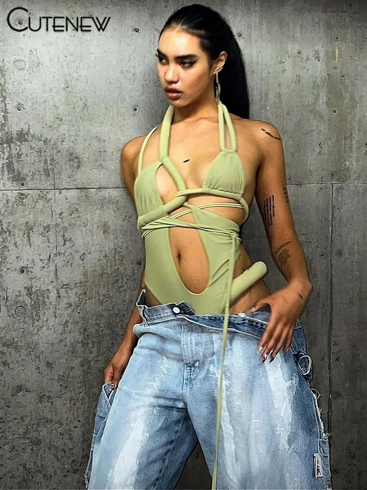 

Cutenew Women's Sexy Solid Hollow Out Bodysuit Halter Lace-up sleeveless Asymmetrical Tights High Streetwear Female New 2023