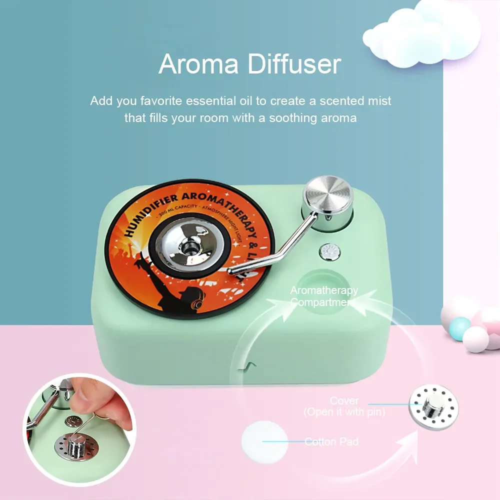 

USB Mist Humidifier with Night Light & Aroma Diffuser 300ml Retro Phonograph Appearance Small Humidifiers Warm