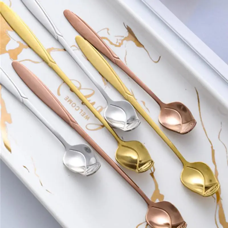 

Tableware Rose Spoon Dinnerware Silver Gold Spoon Coffee Stirring Spoon Creative Rose Modeling Stainless Steel Spoon