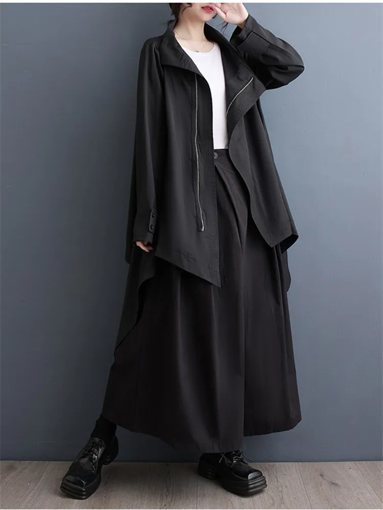 Женский черный плиссированный плащ большого размера с воротником-стойкой и