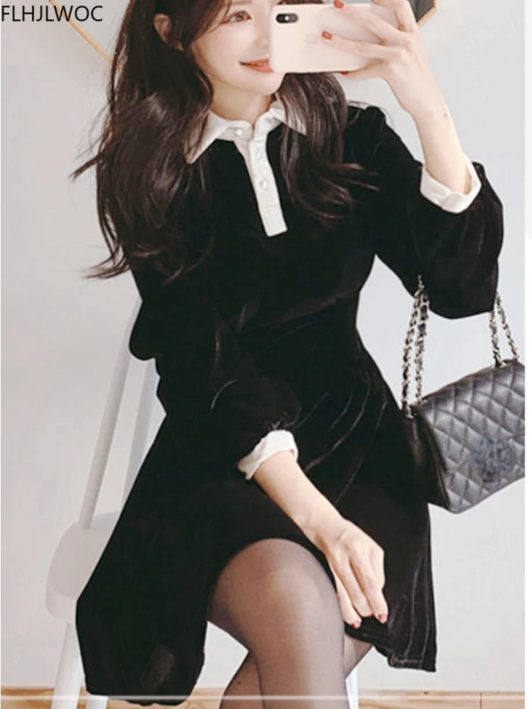 

Winter New Year Date Dresses Party Girls Fashion Cute Patchwork Button French Design Little Black Dress 1223