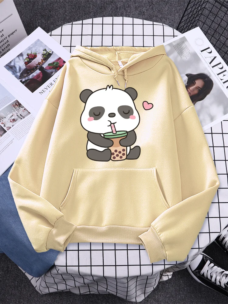 

Kawaii Panda And Its Favorite Bubble Tea Print Female Hoodies Fashion Cartoons Cute Clothing Casual O-Neck Pullover Woman Hooded