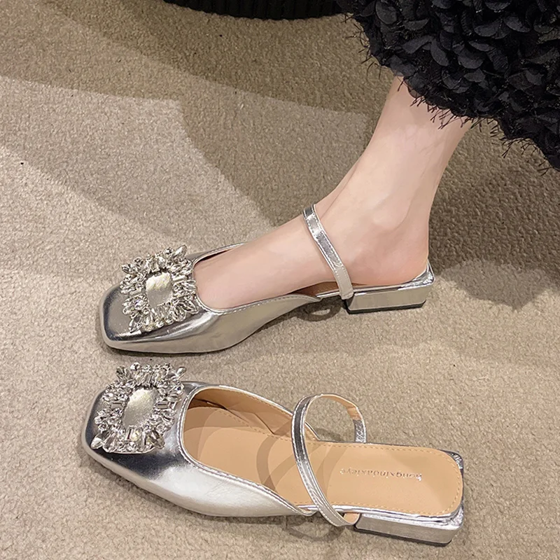 

Shoes Ladies' Slippers Mules For Women 2023 Cover Toe Med Glitter Slides Square heel Silver Jelly Block Rome Rubber Crystal Scan