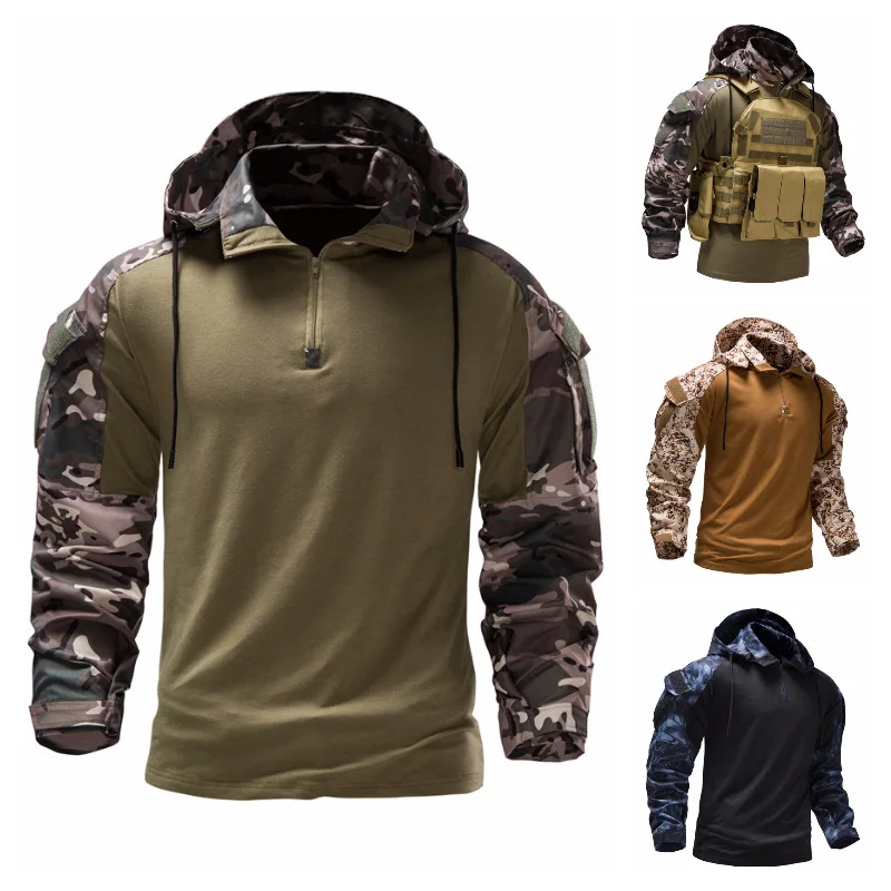 

2023 New Men'S Military Field Outdoor Camouflage Hooded Sweater Clothing Detachable Pocket Combat Elastic Sweatshirts Hoody
