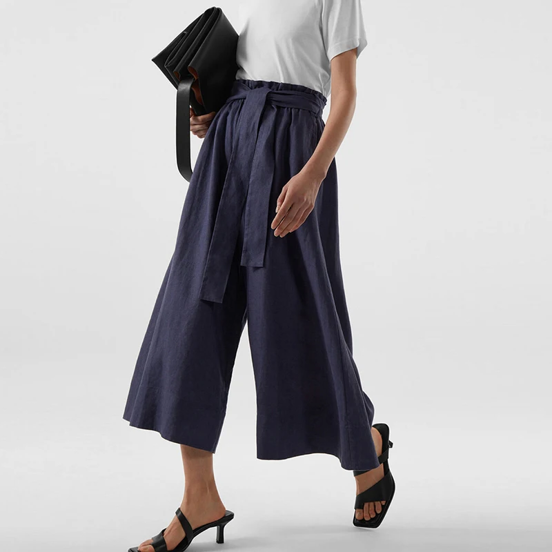 

Johnature 2022 New Casual Linen Ankle-length Pants Summer Casual Elastic Waist Bandage Pockets All Match Women Wide Leg Pants