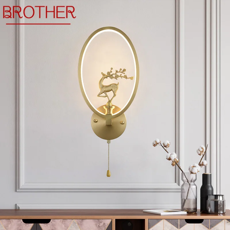 

BROTHER Chinese Style Wall Lamp LED Gold Vintage Brass Creative Deer Sconce Light For Home Living Room Bedroom Study Decor