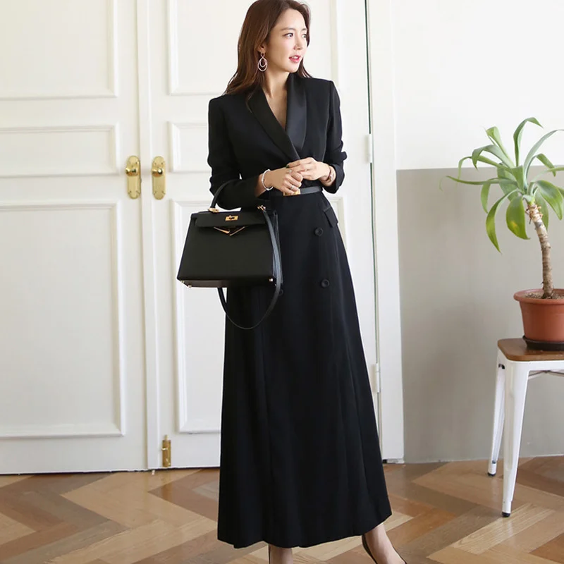 Black Suits Long Coats Women Clothing Blazers Spring Lady Dresses Profession Temperament Fashion Double Breasted Notched Jacket