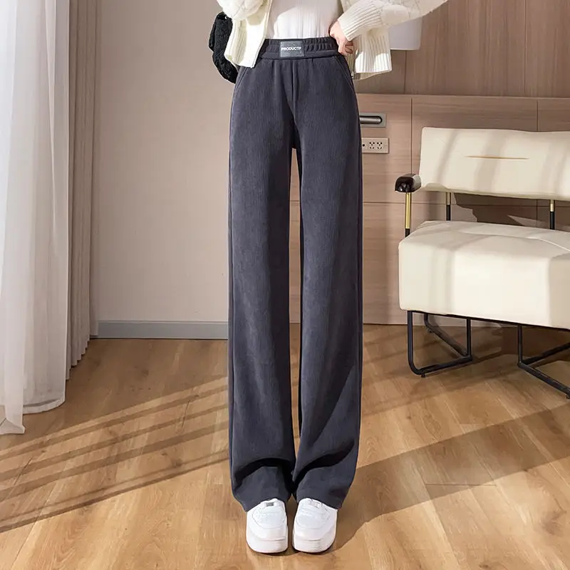 Женские утепленные широкие брюки винтажные флисовые повседневные Прямые с