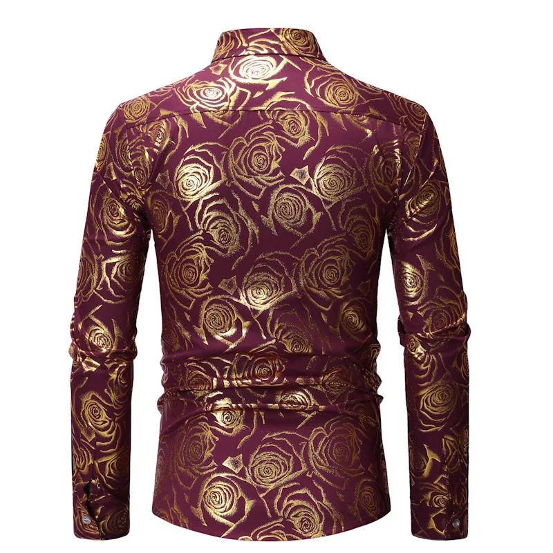 Mattswag Mens Wine Red Luxury Floral Gold Shiny Print Shirts Stylish Slim Long Sleeve Dress Shirts Party Prom Club Camisa Hombre