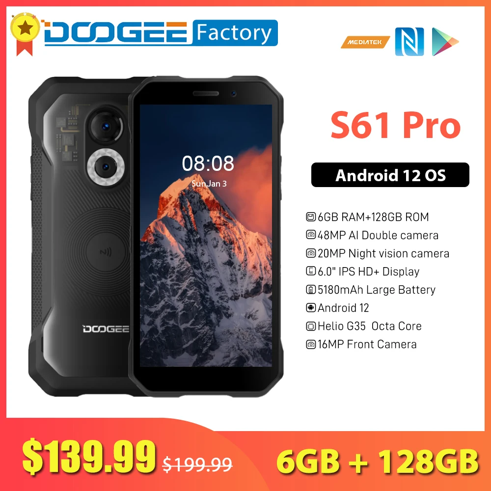 DOOGEE S61 Pro 6 ГБ 128 ГБ Мобильные телефоны Прочный мобильный телефон 6,0-дюймовый дисплей 48MP Камера ночного видения 5180 мАч Смартфон Android 12