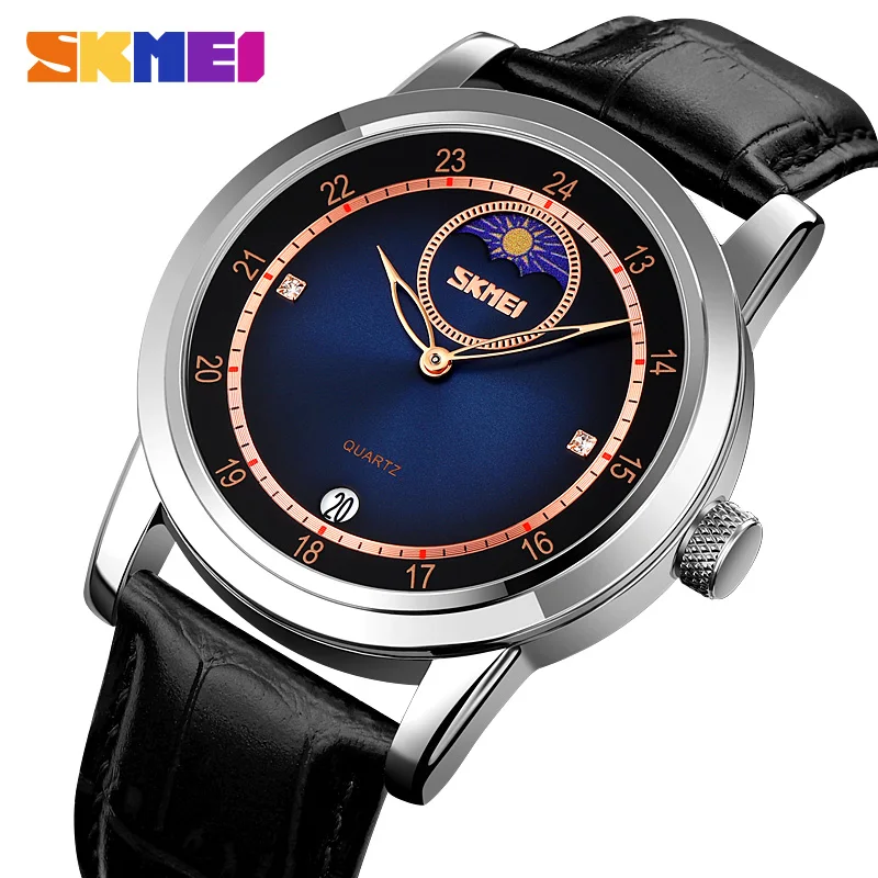 

SKMEI Men Watch Top Brand Sports Quartz Watches Leather Strap Waterproof Moon Phase Wristwatch Men with Date Relogio Masculino