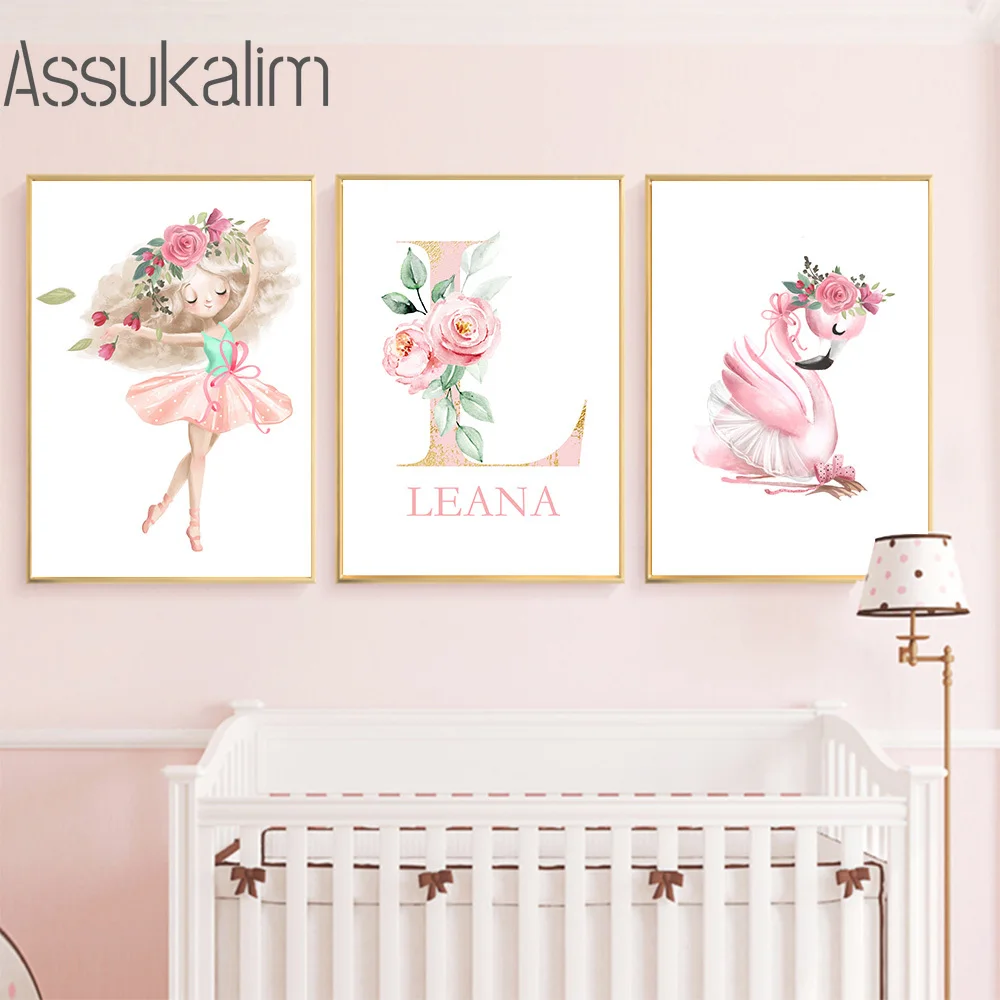 

Pink Art Posters Little Girl Swan Canvas Painting Wall Art Custom Name Wall Poster Nordic Art Prints Baby Bedroom Decoration
