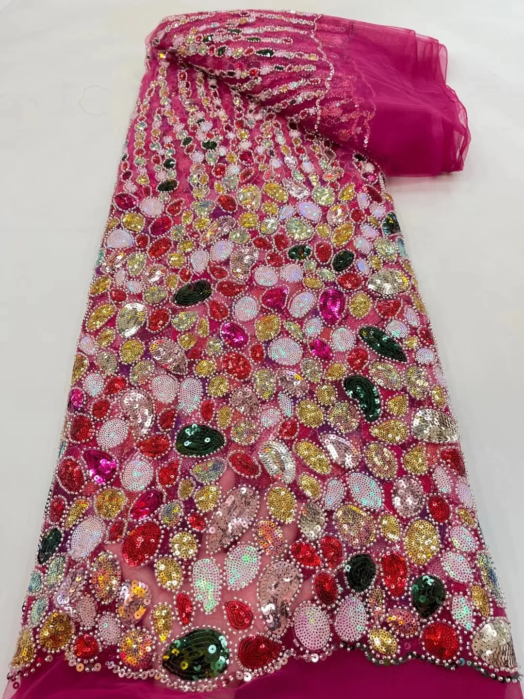 

African Latest Luxury Multicolor Sequins Fabric French High Quality Handmade Beads Tulle Lace Nigerian Wedding Prom Party Dress