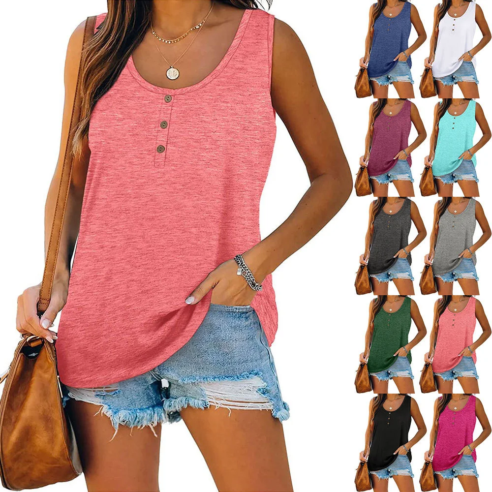 

Blouse Solid Color Door Opener Button Loose Round Neck T-shirt Female