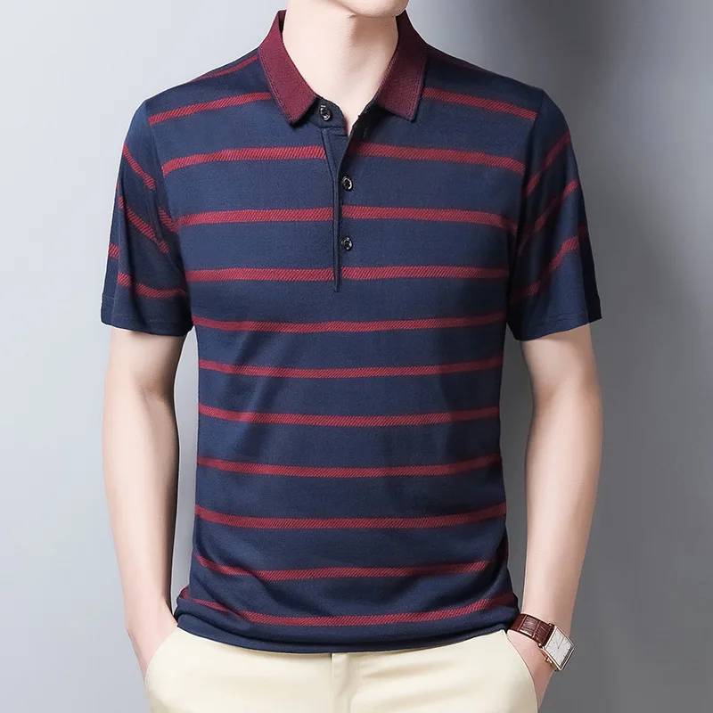 

2023 Summer New Polo Shirts for Men Short Sleeve Tees Button Striped Printing Casual Comfortable Breathable Loose Fashion Tops