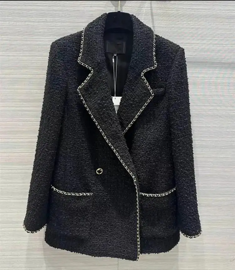 

Женская одежда в европейском и американском стиле, новинка осень 2023, стильная твидовая куртка с длинным рукавом и воротником-костюмом, двубортная, с цепочкой
