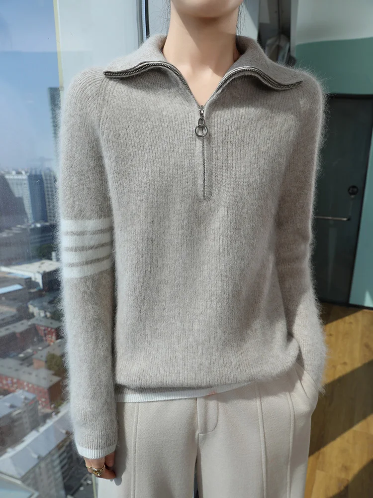 100% чистый норковый кашемировый свитер на молнии женский вязаный пуловер с