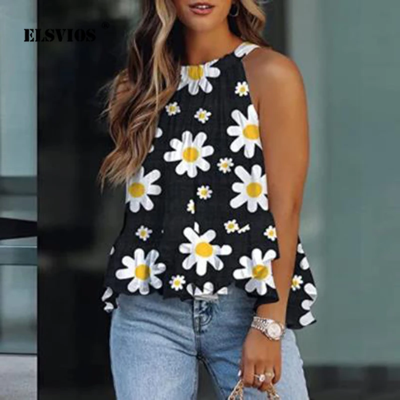 

Sweet Casual Printed Women's T-shirts Fashion Sexy Sleeveless O Neck Halter Ruffled Loose Vest Summer New Beach Party Tank Tops