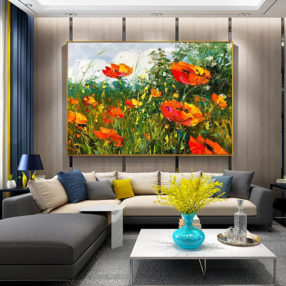 

Thick Palette Flower Painting Grassland Hand Painted Oil Painting Texture Wall Art On Canvas Art House Wall Decor No Framed