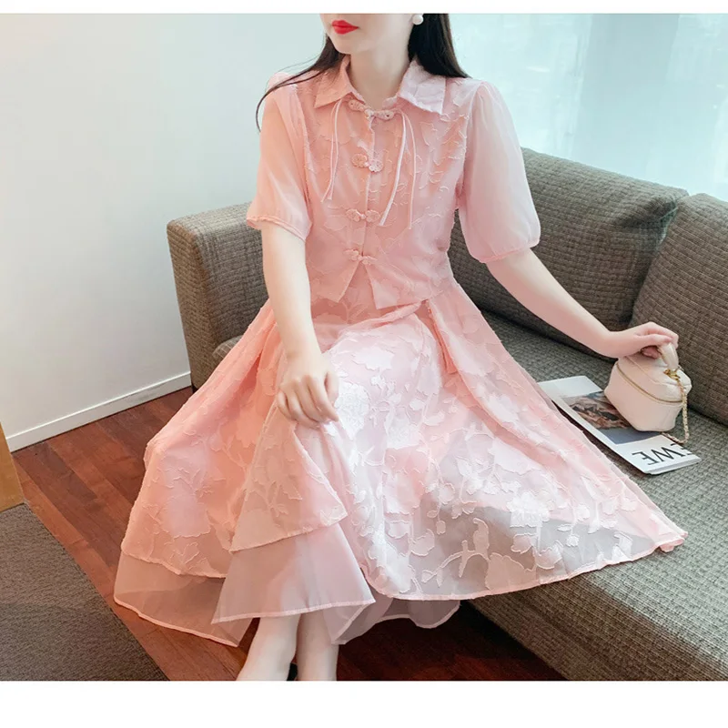 New Chinese-style improved cheongsam fairy dress Summer 2023 new doll collar bubble short sleeve lace dress
