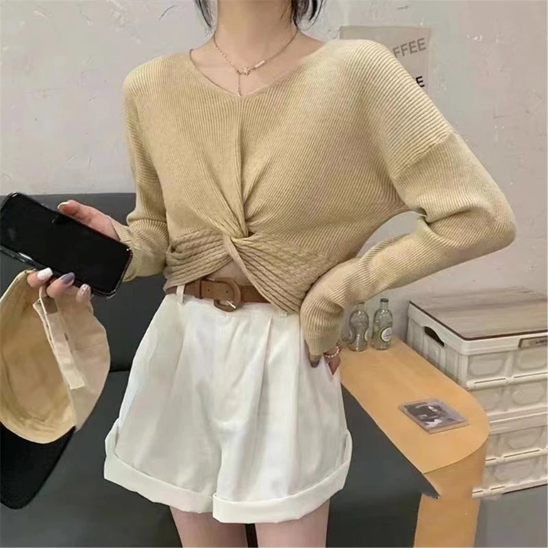 

Women Long Sleeve V-Neck Knit Crop Top Twist Knotted Front Asymmetric Sweater