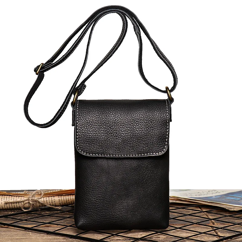 

Nesitu Highend Vintage Brown Black Blue Genuine Leather Mini Shoulder Female Men Women Messenger Bag for Phone Purse M3376