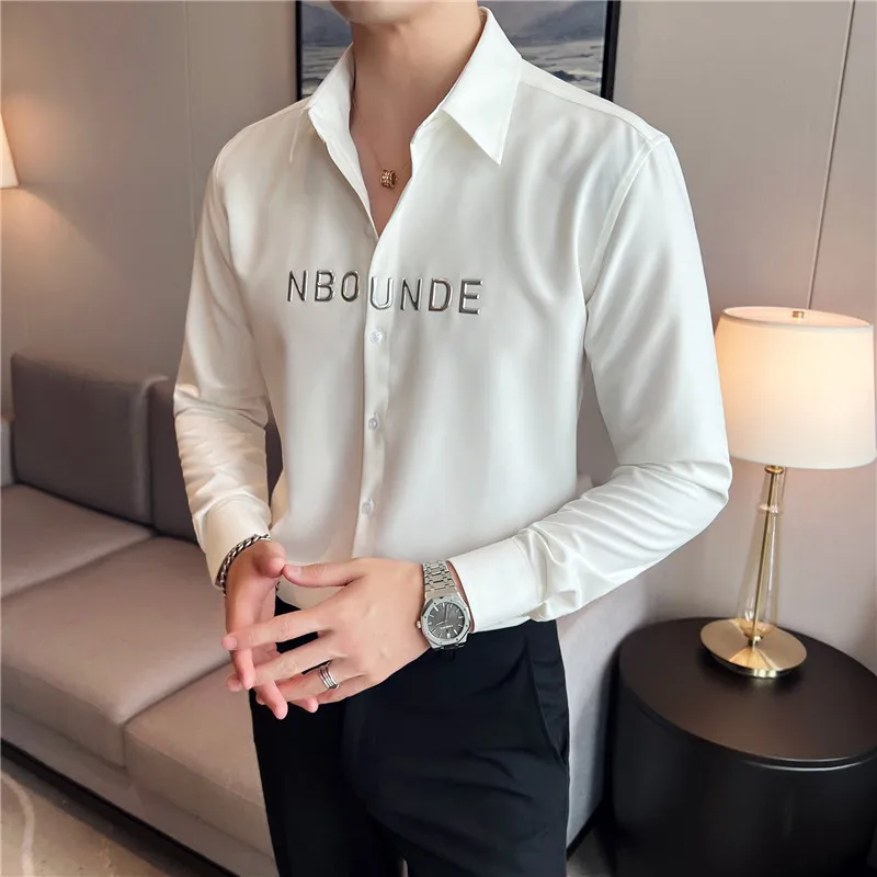 2022 Autumn Letter Embroidery Shirts Men Long Sleeve Slim Casual Shirt Social Party Tuxedo Blouse Streetwear Camisa Masculina
