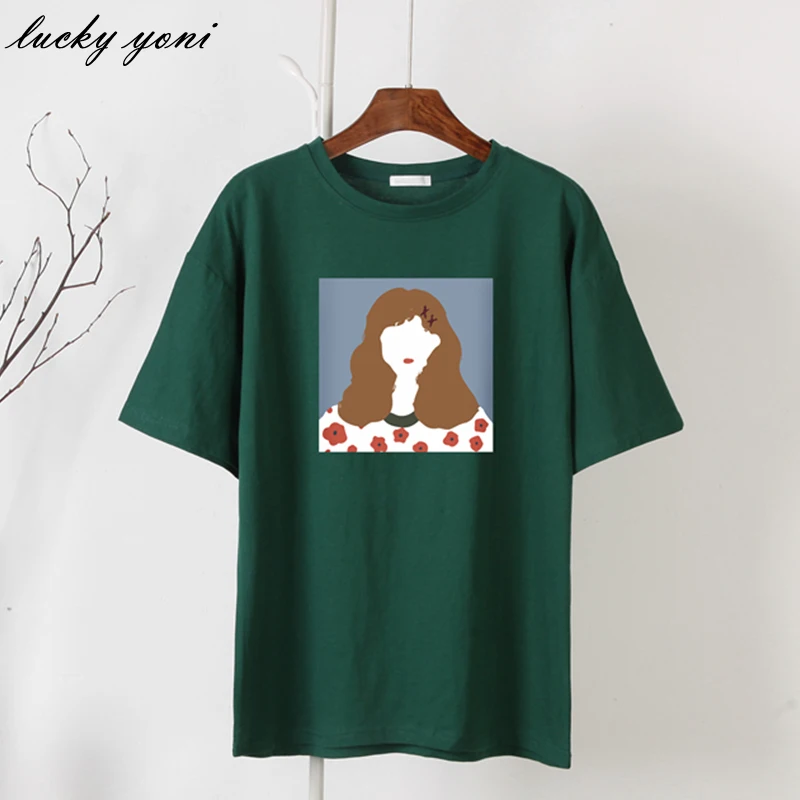 

Yoni Trendy Loose T Shirt Women Casual O-neck Sweet Girl Printed Tees Female Fashion All-match Short Sleeve Black Tops Ladies
